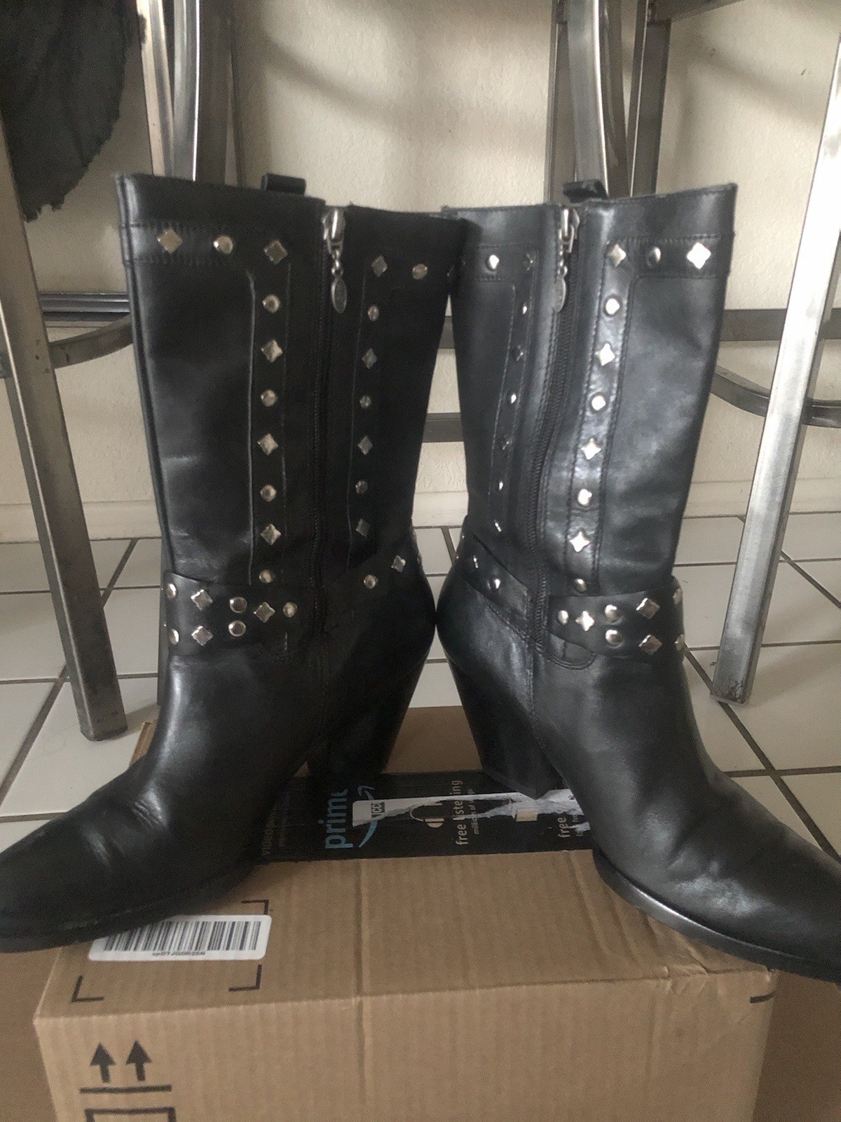 Harley Davidson Western Studded Cowboy Boots Womens 8 Black Logo Zipper Leather