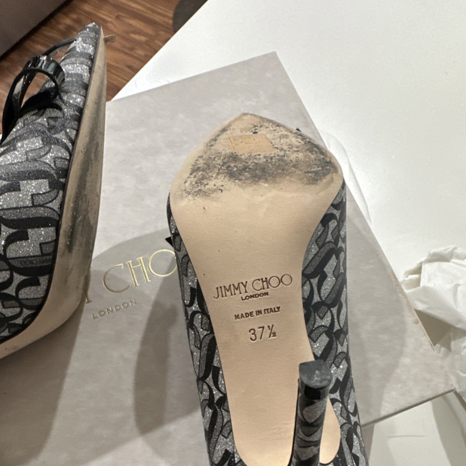 Jimmy Choo Silver Black Glitter Bow Logo Stiletto Pumps Women EU 37.5