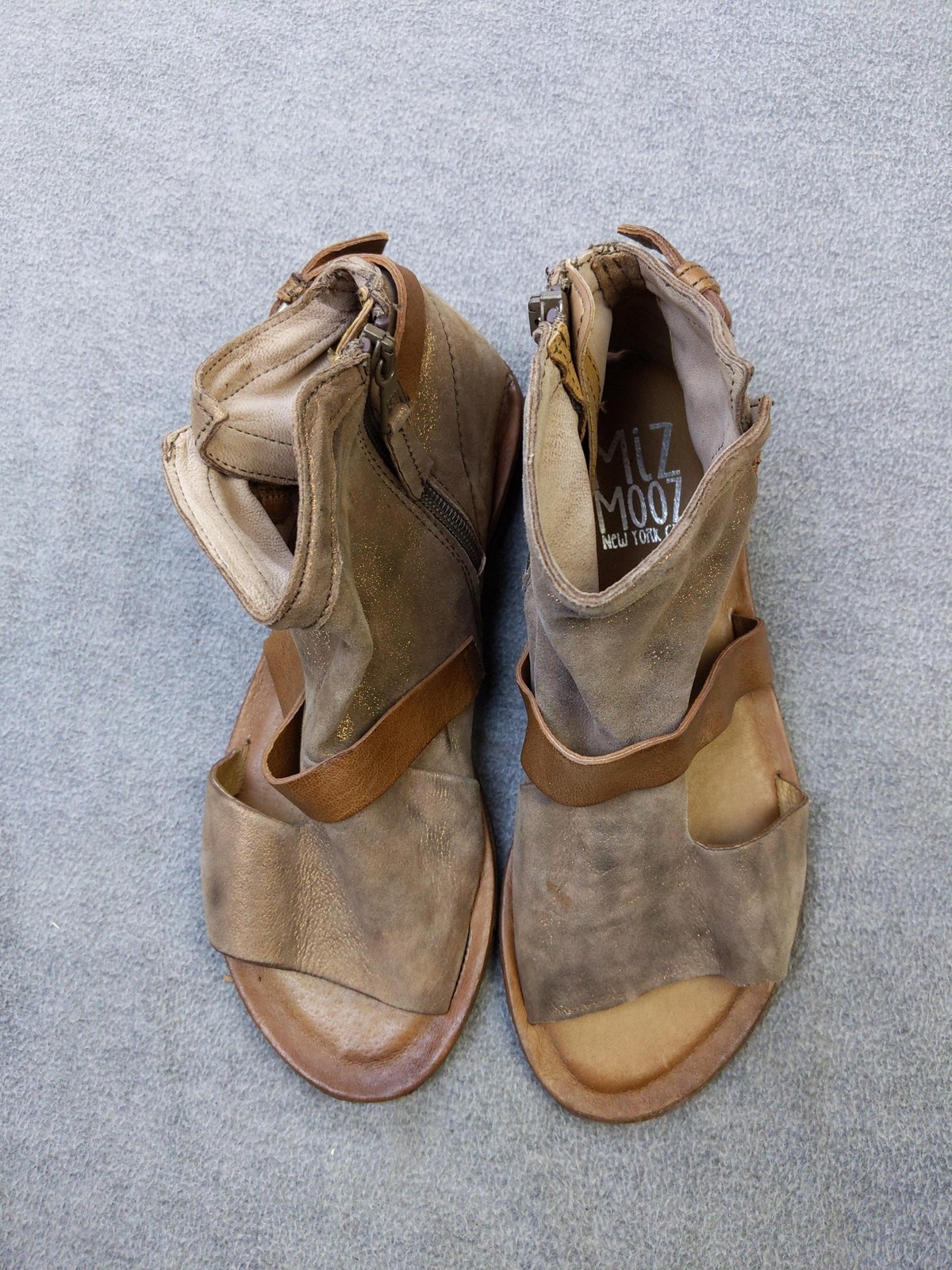 Miz Mooz Sandals Shoes Womens 7.5 38 Brown Leather Gladiator Zip Strappy Flat
