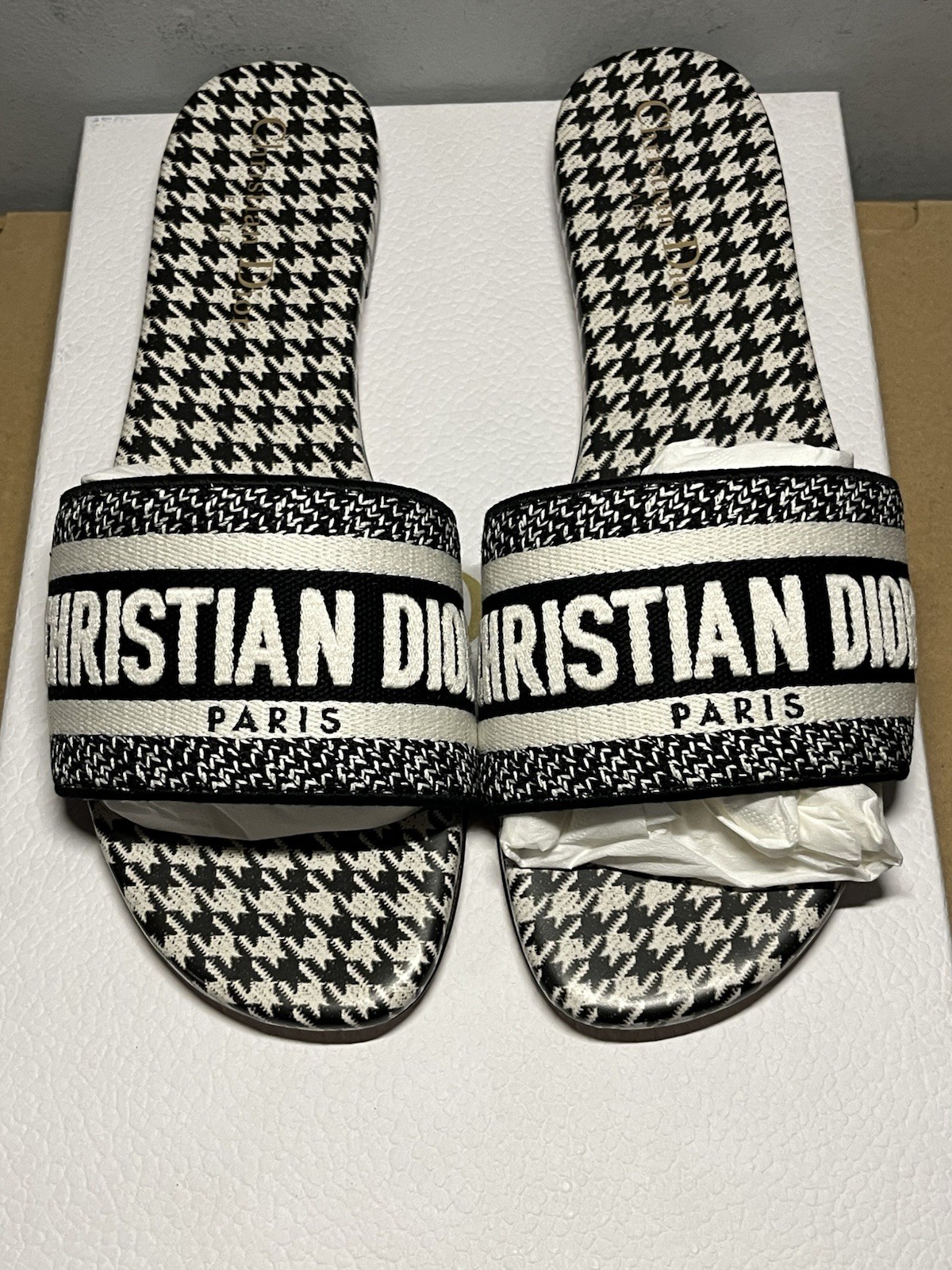 Dior Dway Slide Houndstooth Sandal Flat Mule Authentic US-8.5 Women EU-38.5