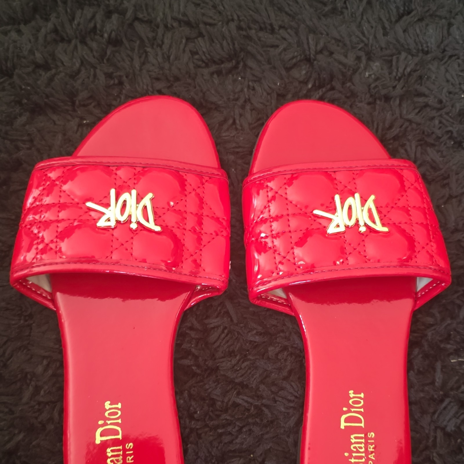 Dior Women’s Red Quilted Logo Slide Sandals Slip-On Flat Casual