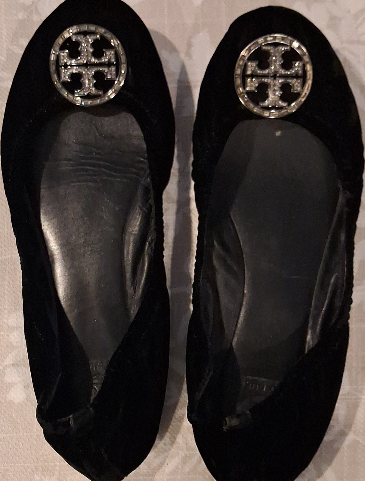 Tory Burch Black Velvet Ballet Flats Logo Beaded Accent Women’s 8.5M