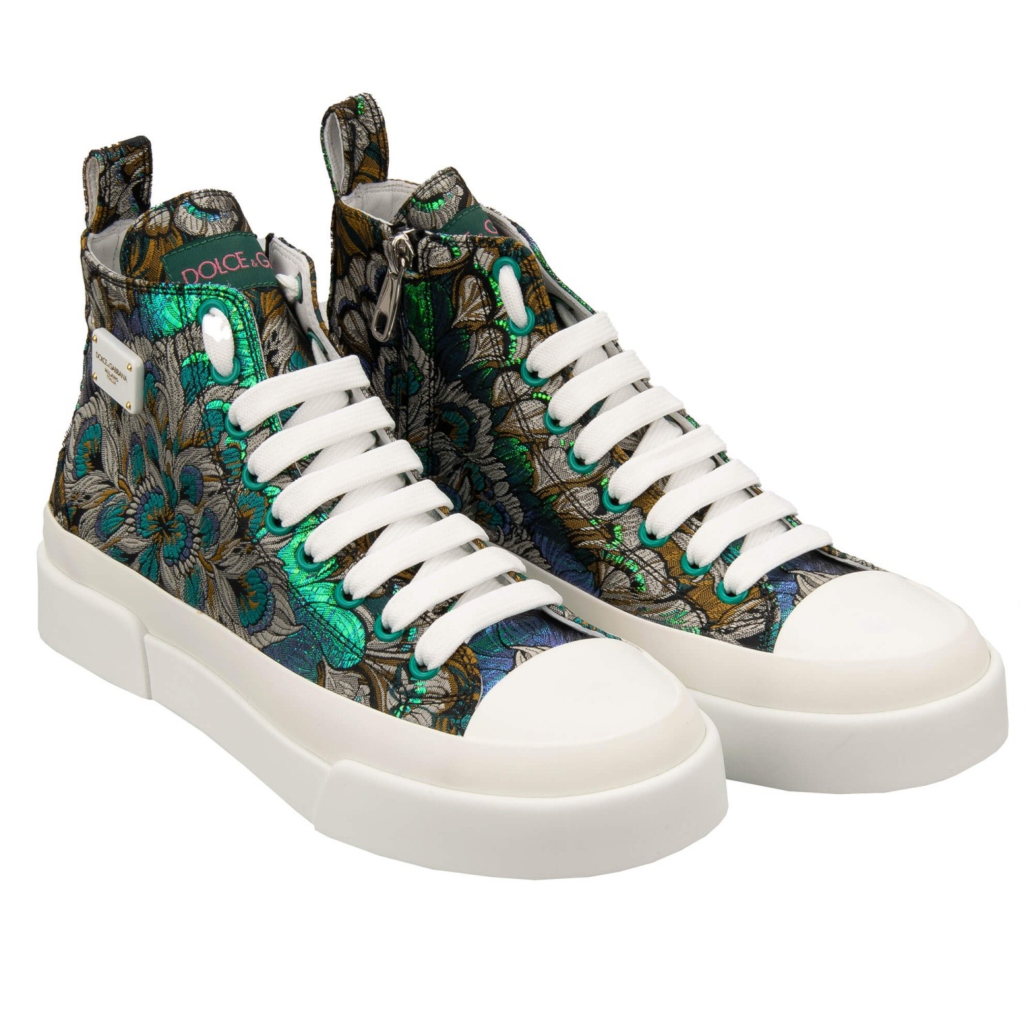 Dolce & Gabbana Portofino DG Logo High Top Jacquard Sneaker Grün Weiß