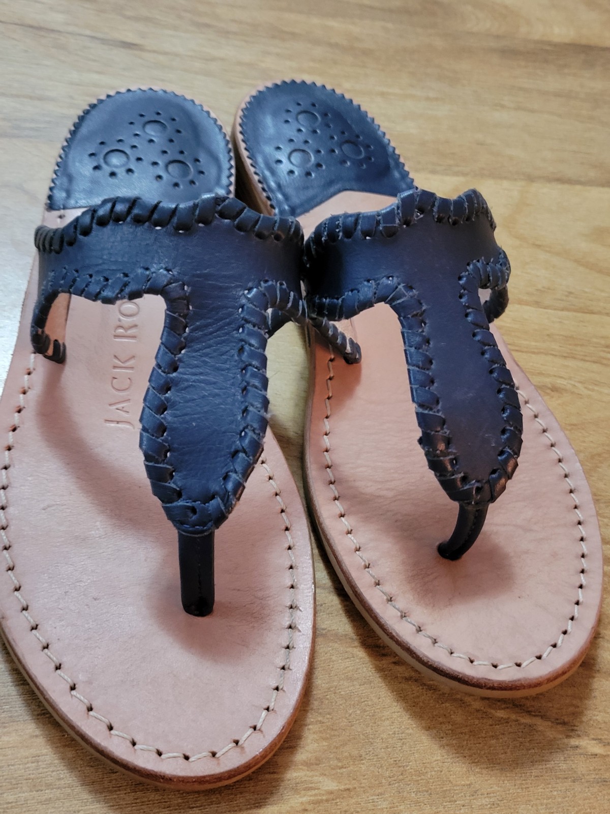 Navy Blue 100% Leather Flat Thong Sandals By JACK ROGERS sz 6. Very Clean