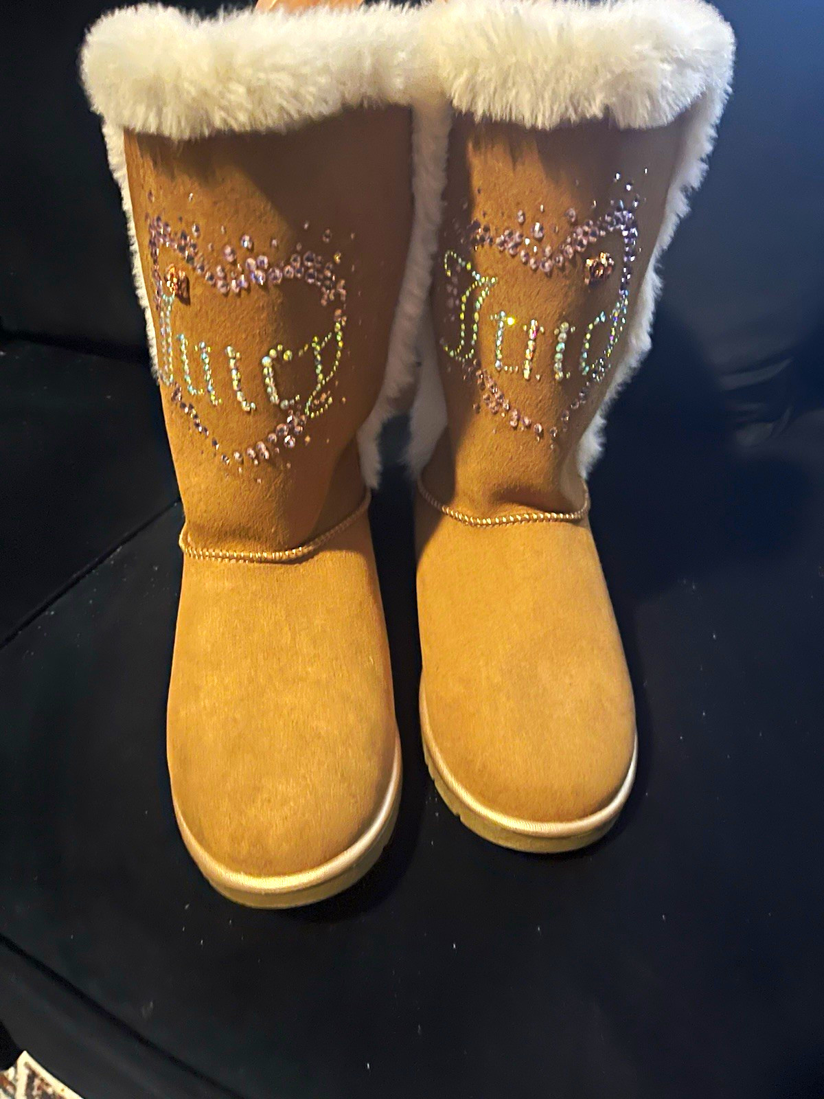 Juicy Couture Girls Tan Mid-Calf Slip-On Faux Fur Boots w/ Bows Size 6