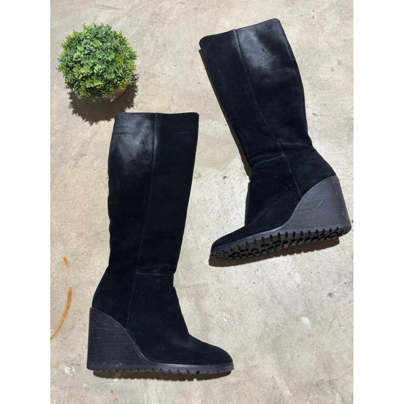 Black Leather Suede Boots Size 6 Wedge Heeled Riding Winter Fall Classic Tall
