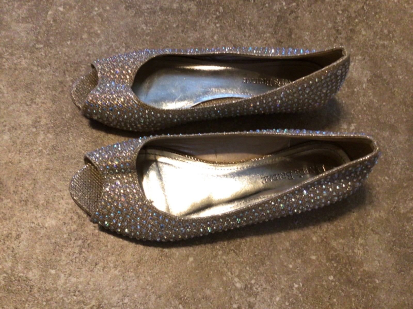 David’s Bridal Low Wedge Peep Toe Slip-On GOLDEN Rhinestones size 8