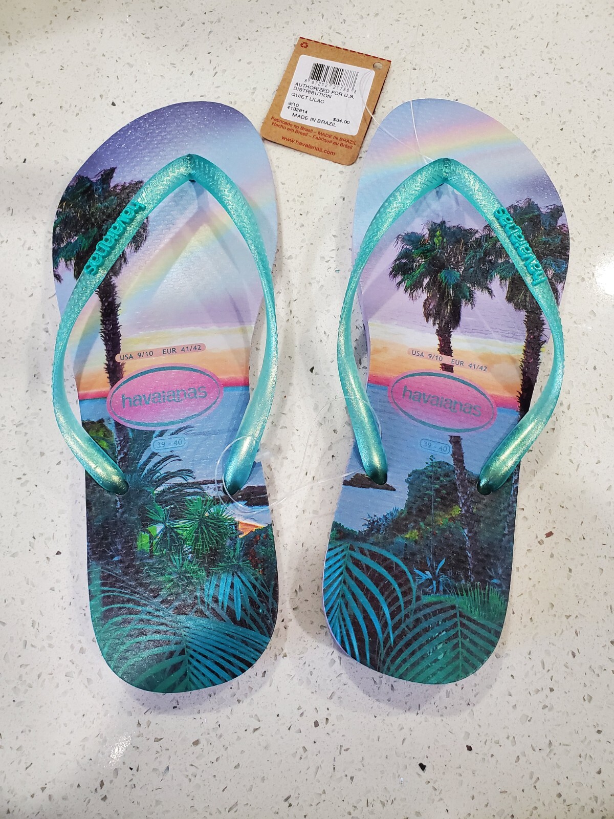 Havaianas Slim Iridescent Quiet Lilac Summer Flip Flops Palm Tree Size usa 9/10