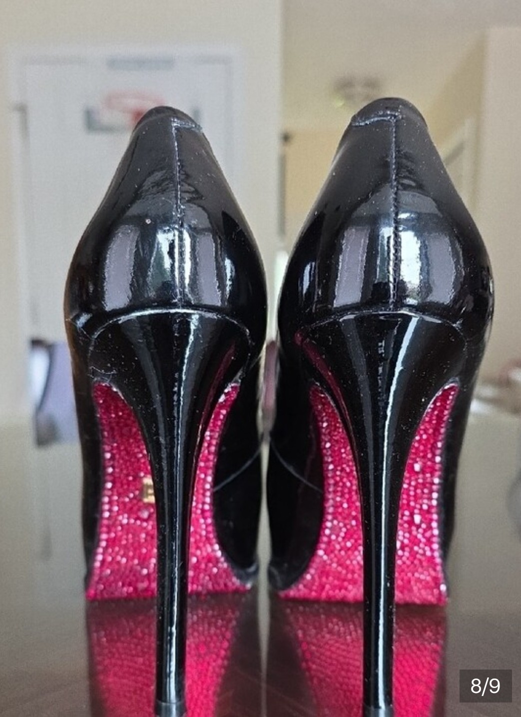 Pour La Victoire Patent Leather Platform Pumps Red Rhinestone Sole 7.5
