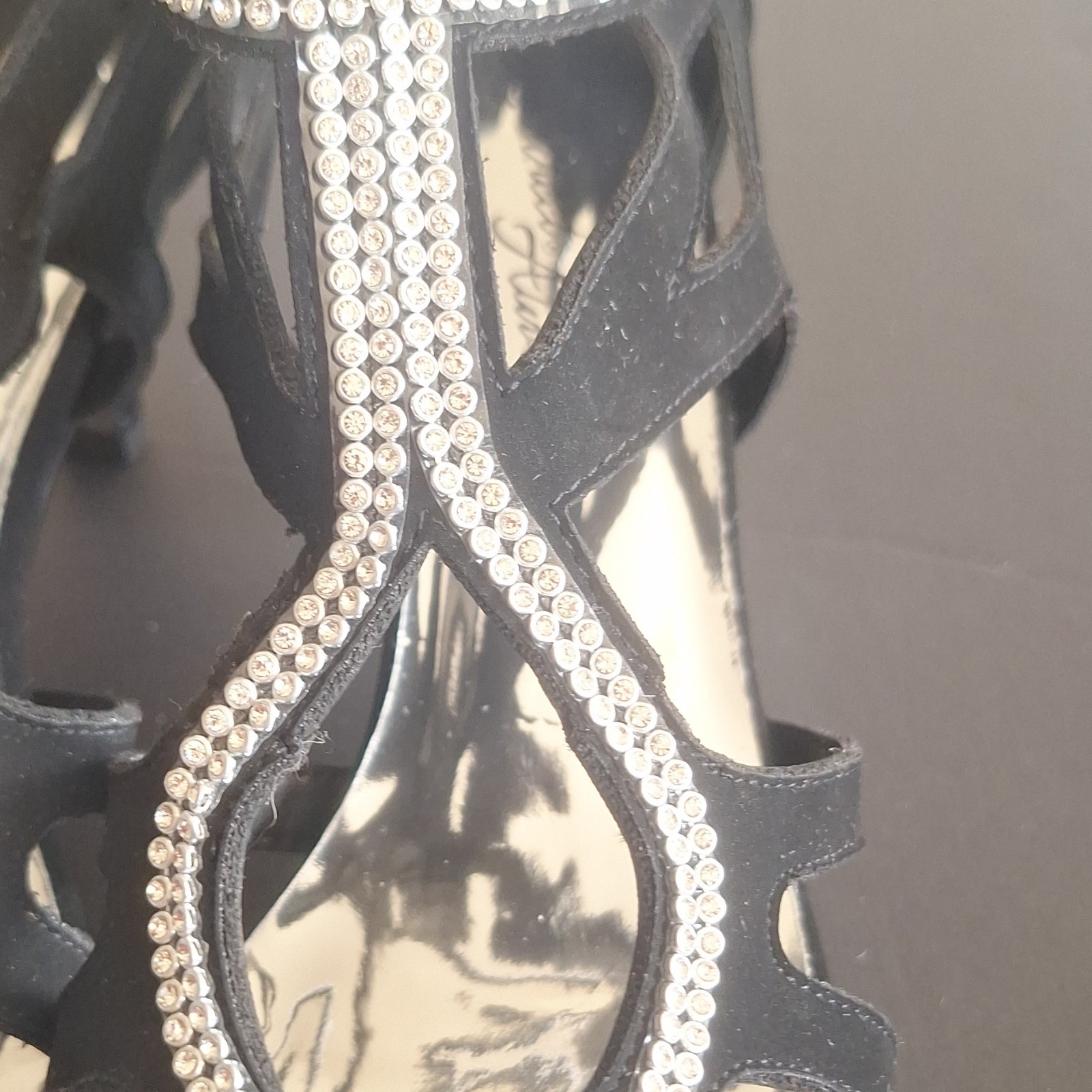 Women’s Black Rhinestone Strappy Ankle Strap Open Toe Zip Stiletto Heels 10W