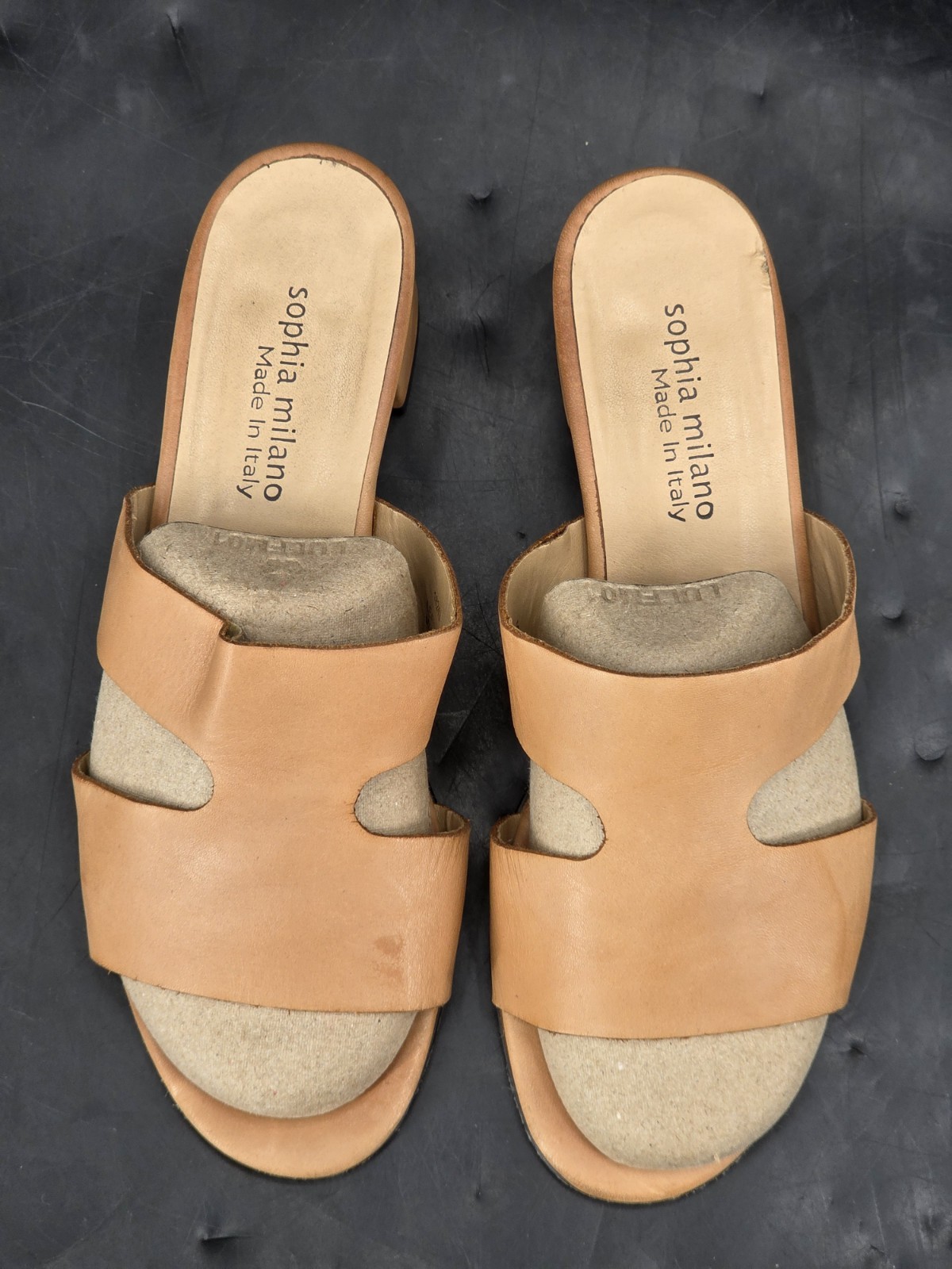 Sophia Milano Tan Leather Open Toe Block Heel Sandal 6.5 Made In Italy