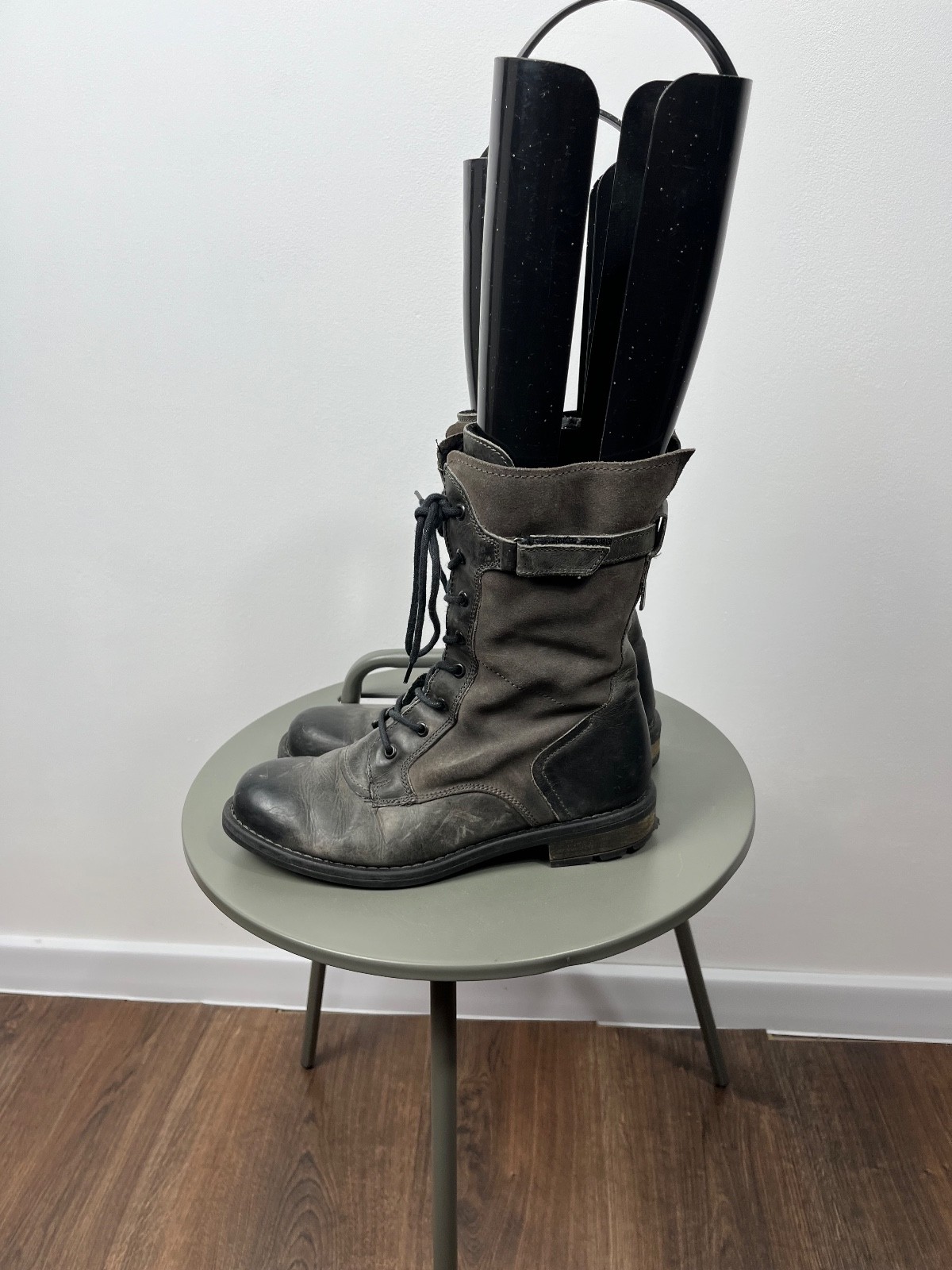 Gray Distressed Combat Lace-Up Zip Boots Avant-Garde Style EU 39
