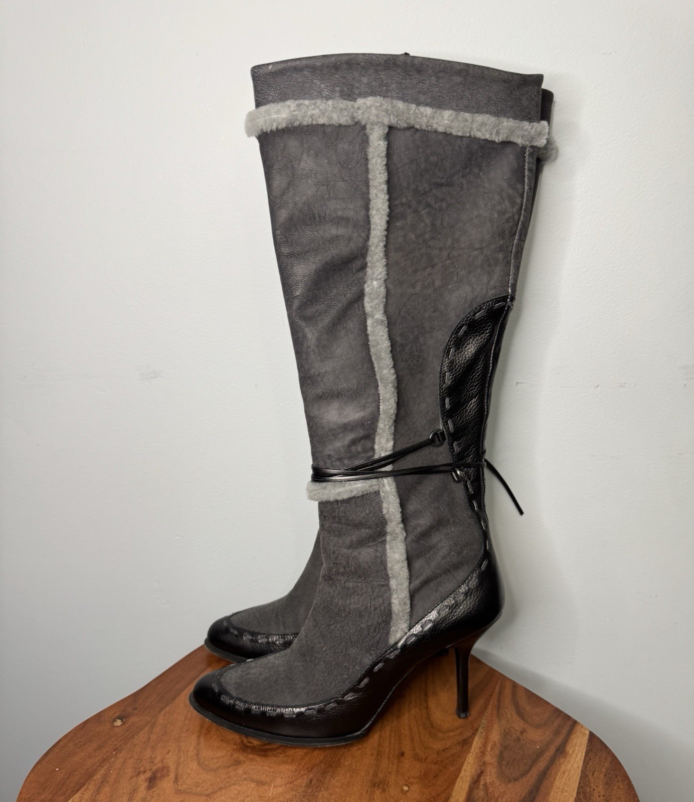 Michelle K High Heel Tall Leather Boots Black Gray Size 8