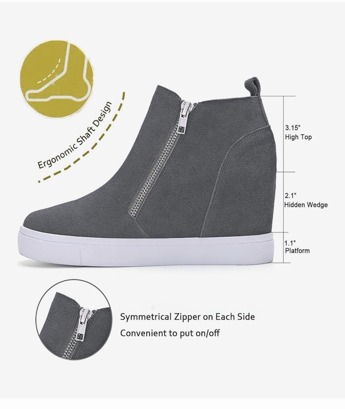 Athlefit Gray Wedge Bootie Sneakers Hidden Heel Platform Zip-Up Ankle Boots