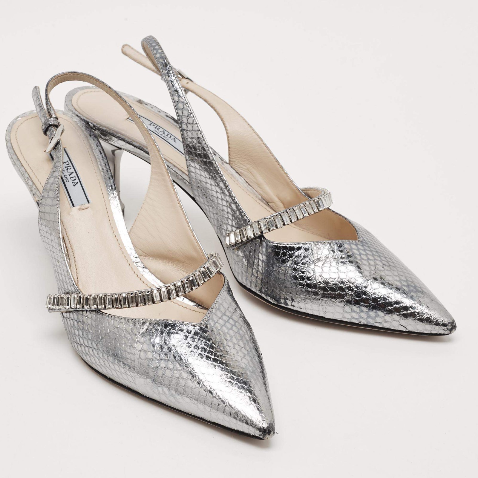 Prada Size 39 Metallic Silver Snakeskin Embossed Leather Crystal Embellished