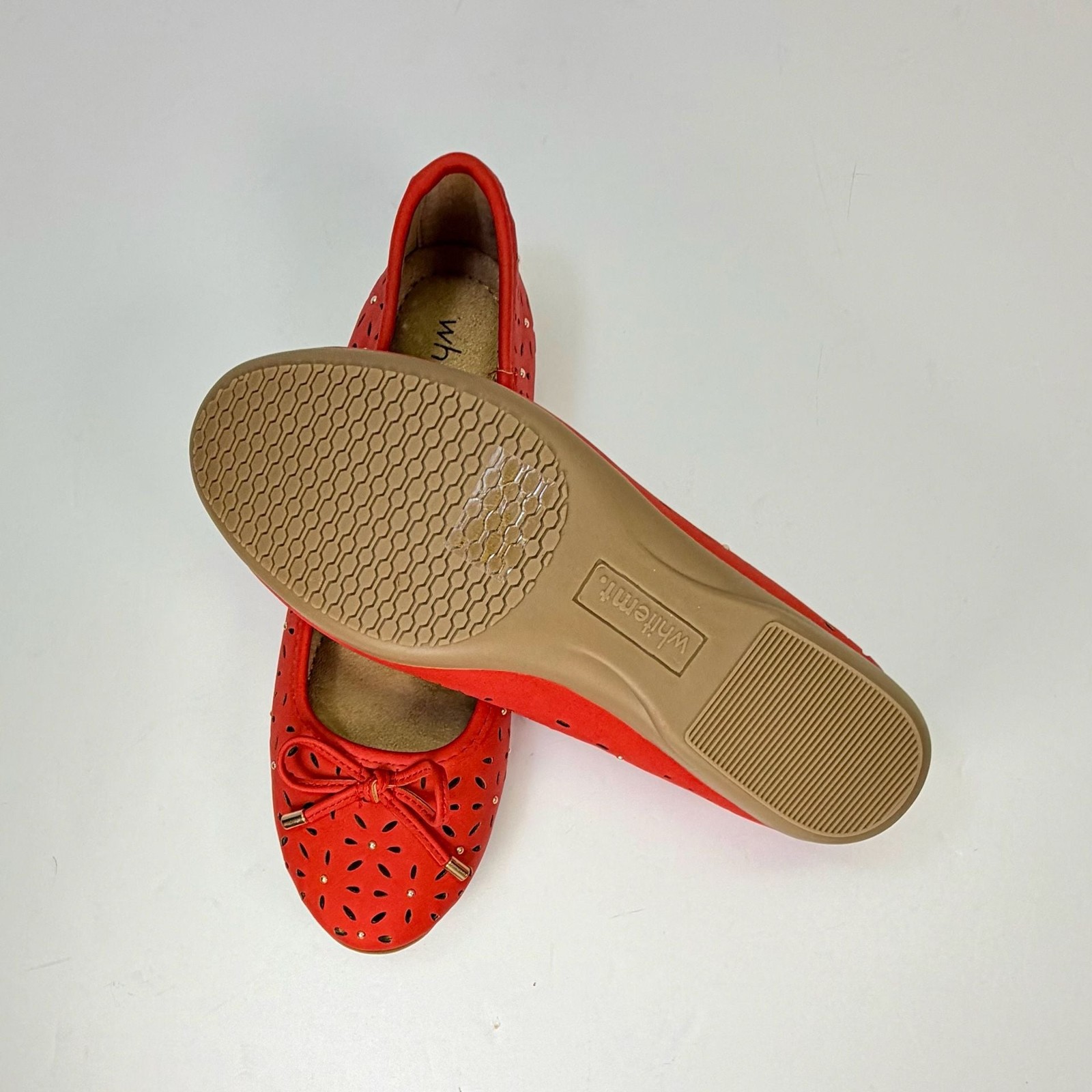 whitemt. Red Perforated Ballet Flats with Bow and Gold Detail 6M