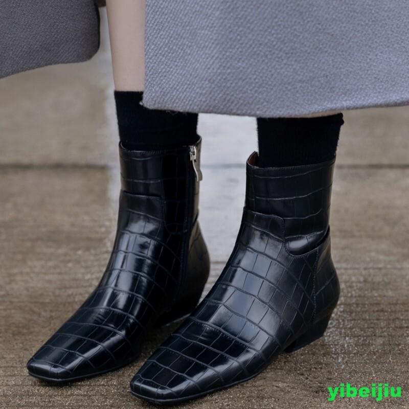 Womens Low Heel Real Suede Leather Ankle Boots Square Toe Shoes Office Casual