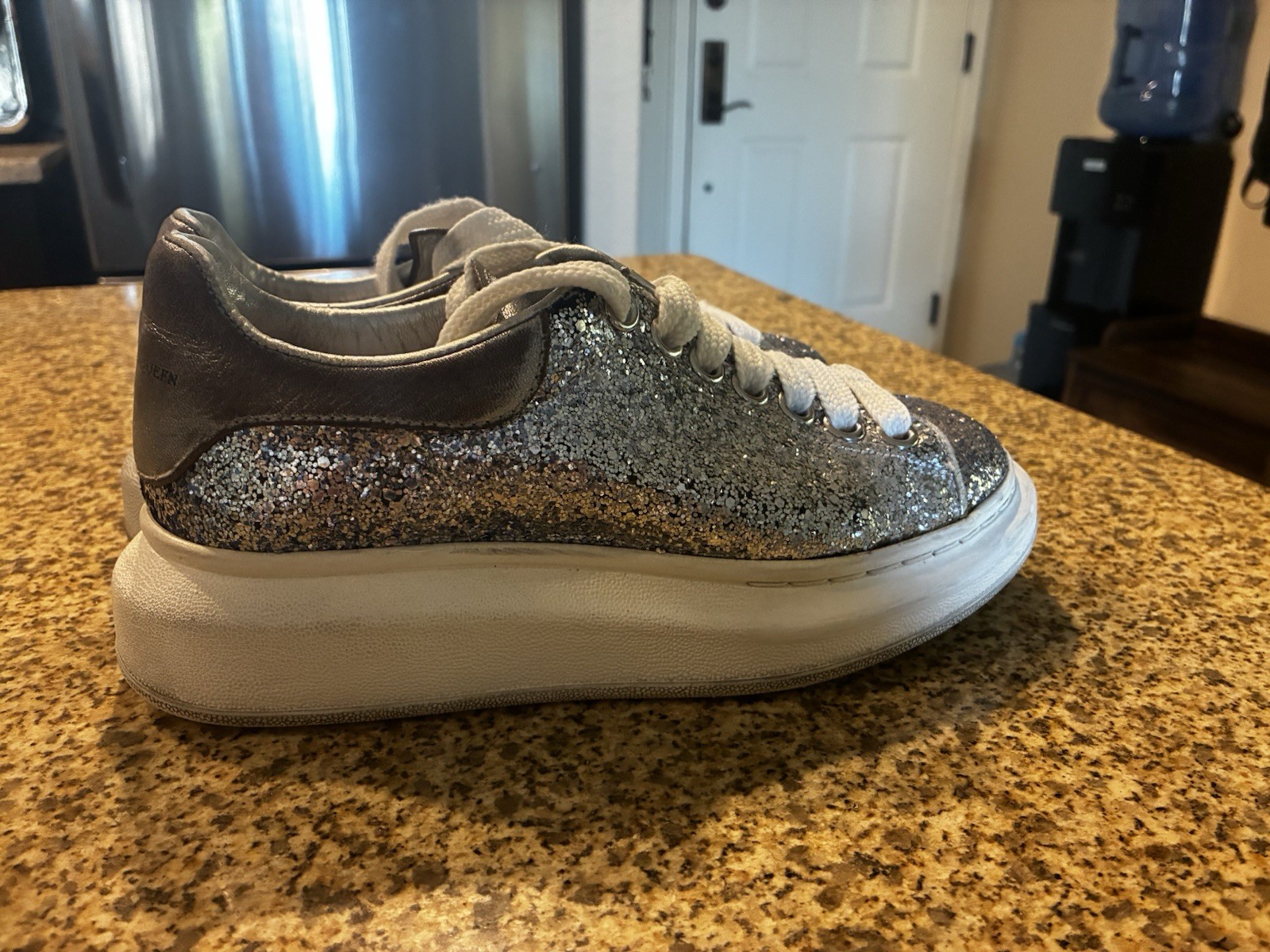 Alexander McQueen Metallic Silver Glitter Oversized Sneakers Size UK 35/US 5