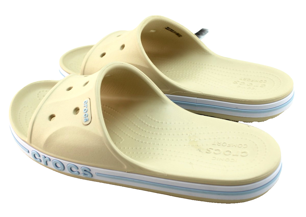 New CROCS Women’s 7 Bayaband Vanilla Cream /Blue Raised Crocs Logo Slide Sandals