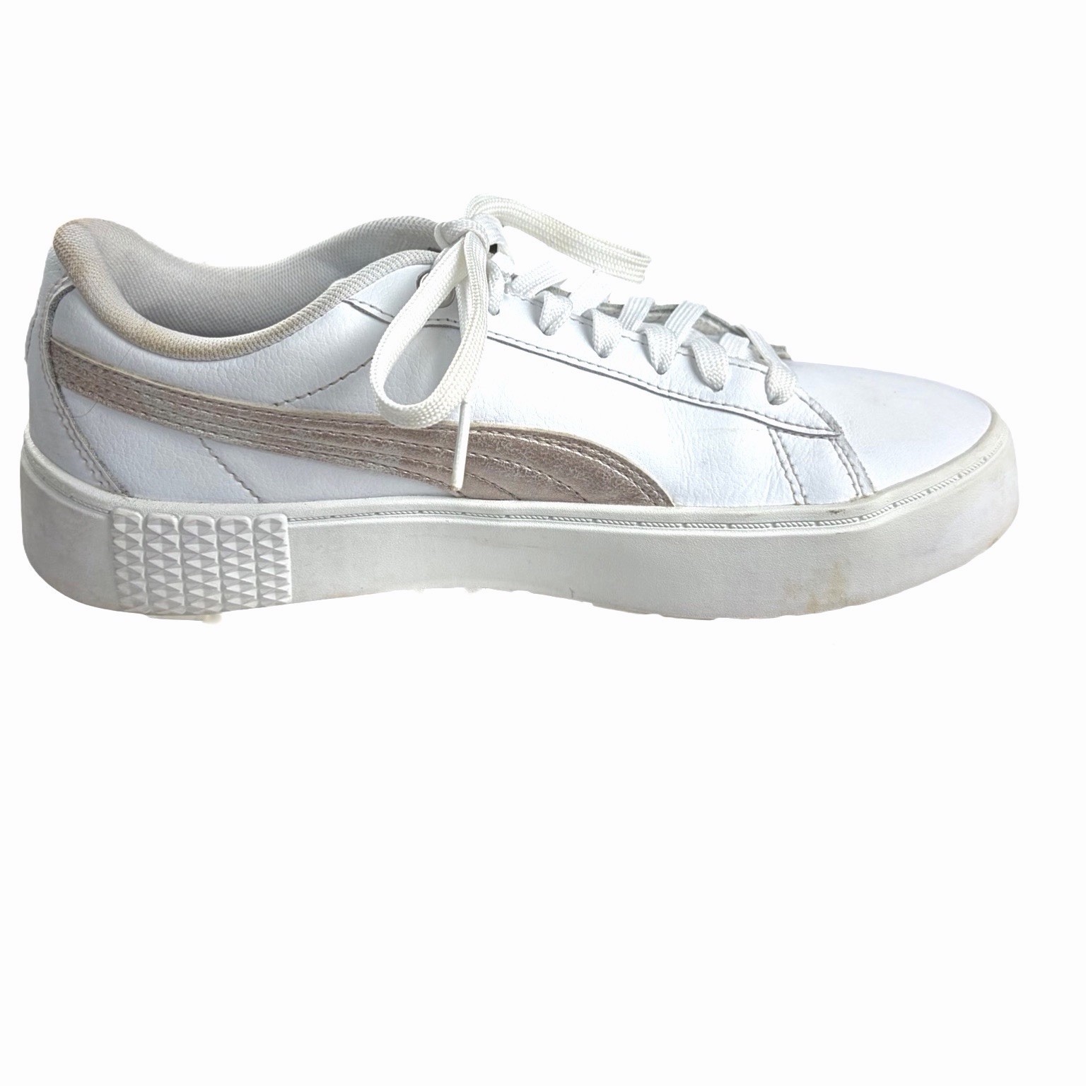 PUMA Women’s White Leather Sneakers with Rose Gold Stripe – Style 381450 Size 8