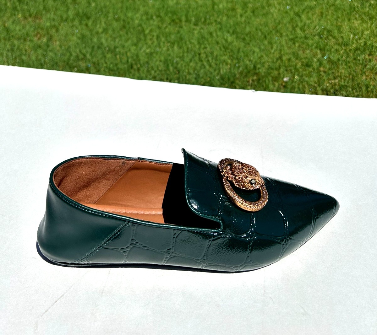 Kurt Geiger London Chelsea Point Flats 10 EU 41 Green Snake Leather w/Eagle NEW