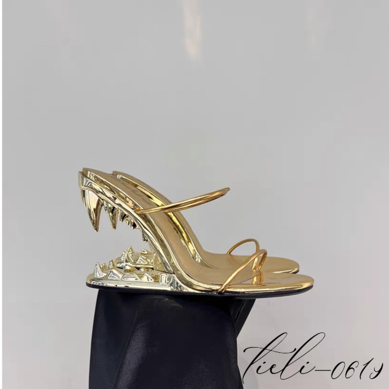 Women Metal High Teeth Heels Mules Sandals Oversize Slippers Fashion Show Runway