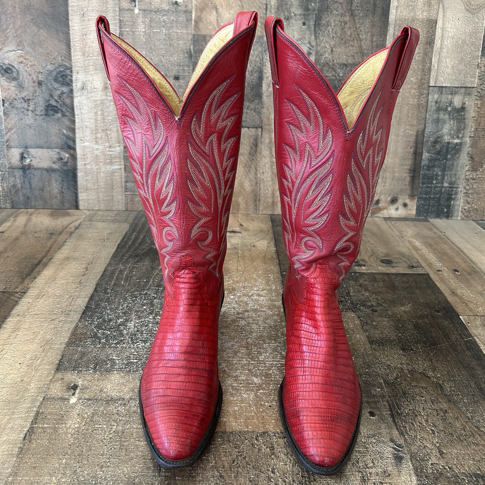 Justin Vintage Red Teju Lizard Western Cowboy Boots Womens 7.5 B