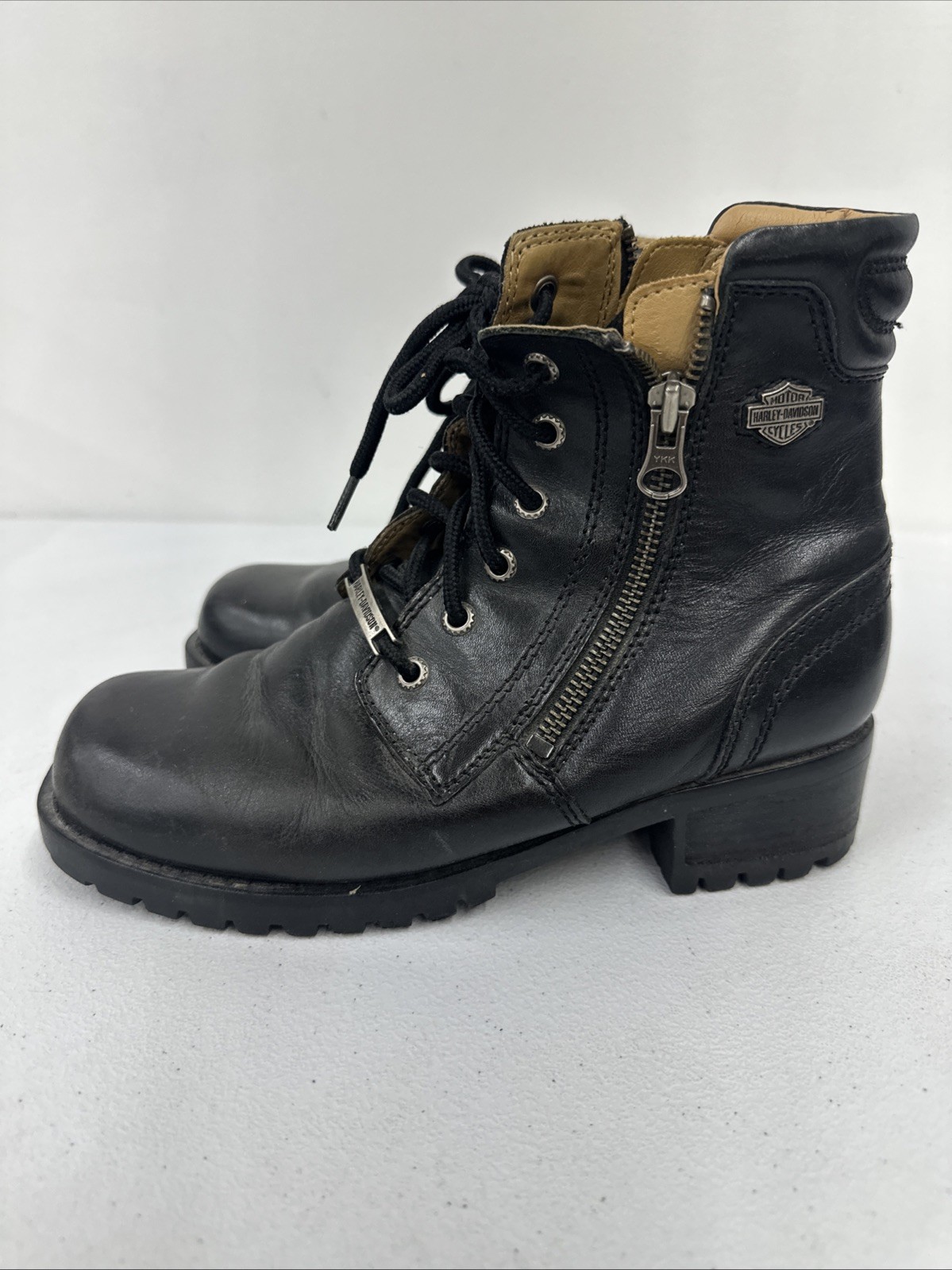 Harley Davidson Boot Womens 6.5 Black Block Heel Zipper Moto Leather Goth Grunge