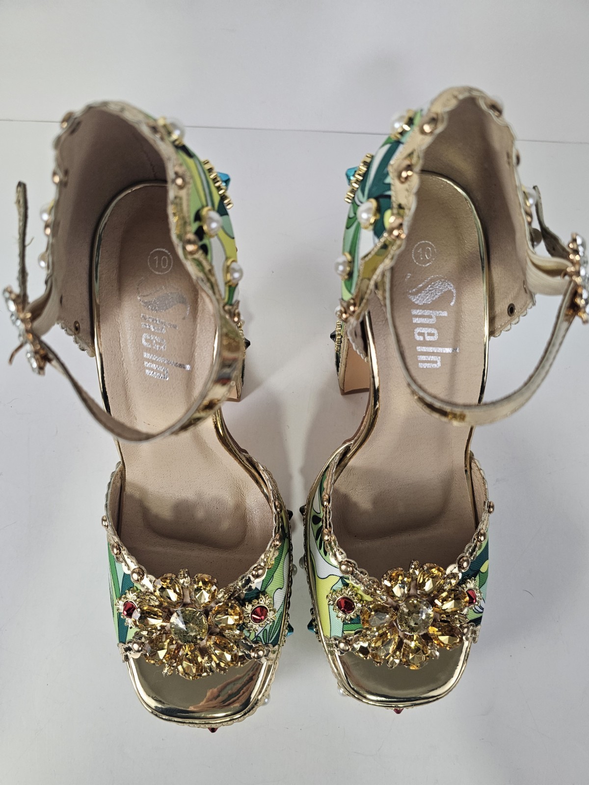 Retro 70s Style Rhinestone Pearl Embellished Platform Shoe Sandals S10 Jeweled