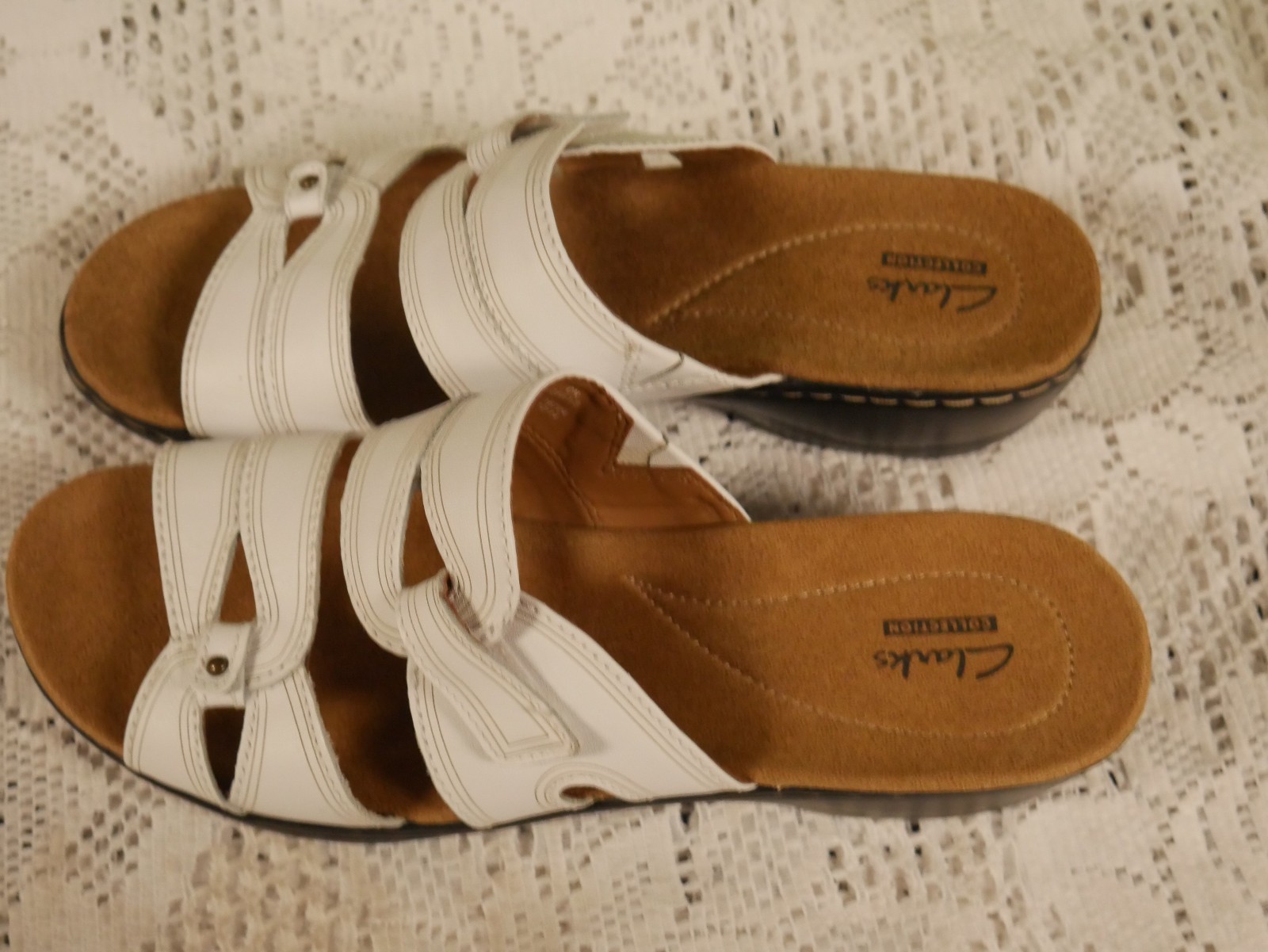 NWT CLARKS SZ 9M HAYLA CANYON WHITE LEATHER UPPER MANMADE BALANCE SANDALS SHOES