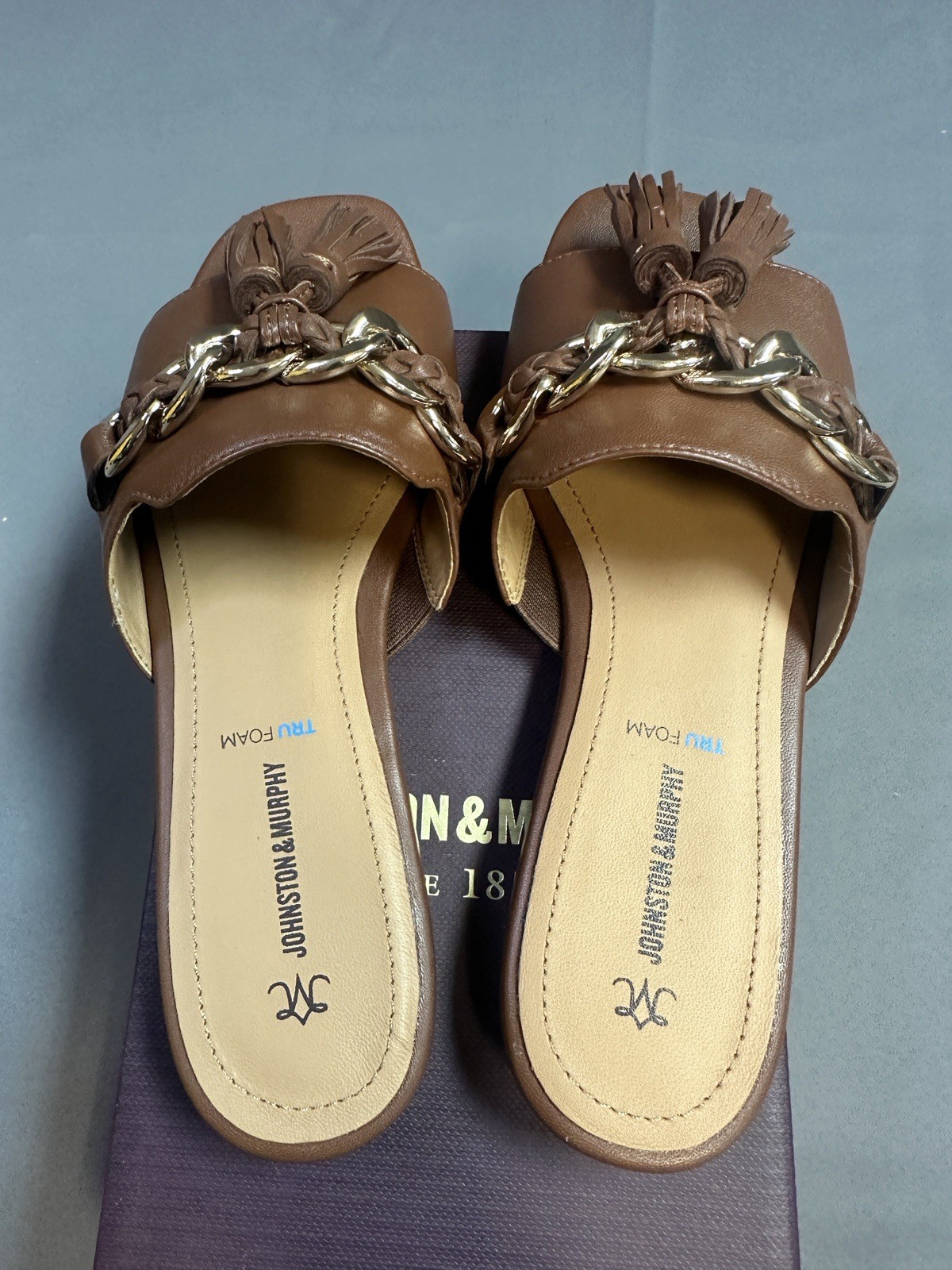 New Johnston & Murphy LILLY Chain Slide Sandals In Cognac Glove – Women’s 6.5M