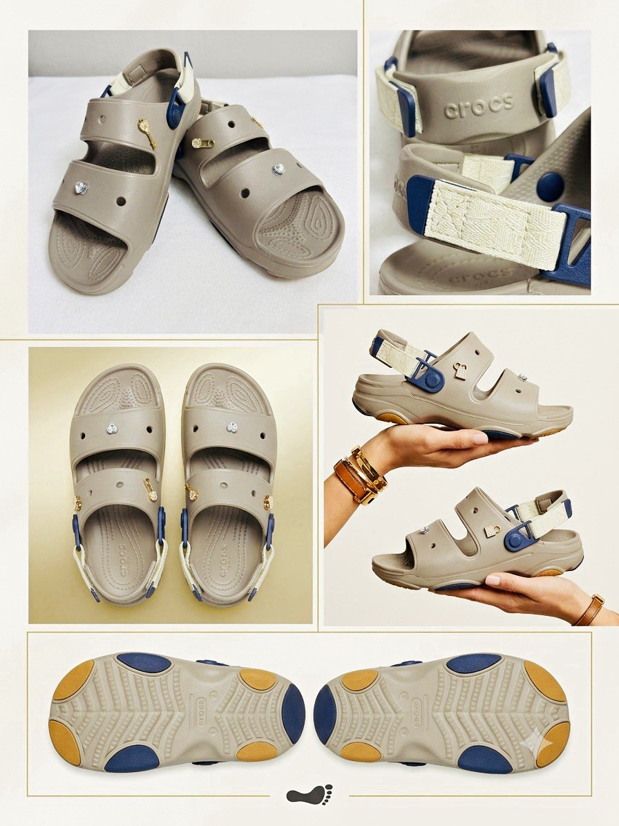 NWT Crocs All Terrain Sandal Taupe Beige Gold Jibbitz Charms Size W9 M7
