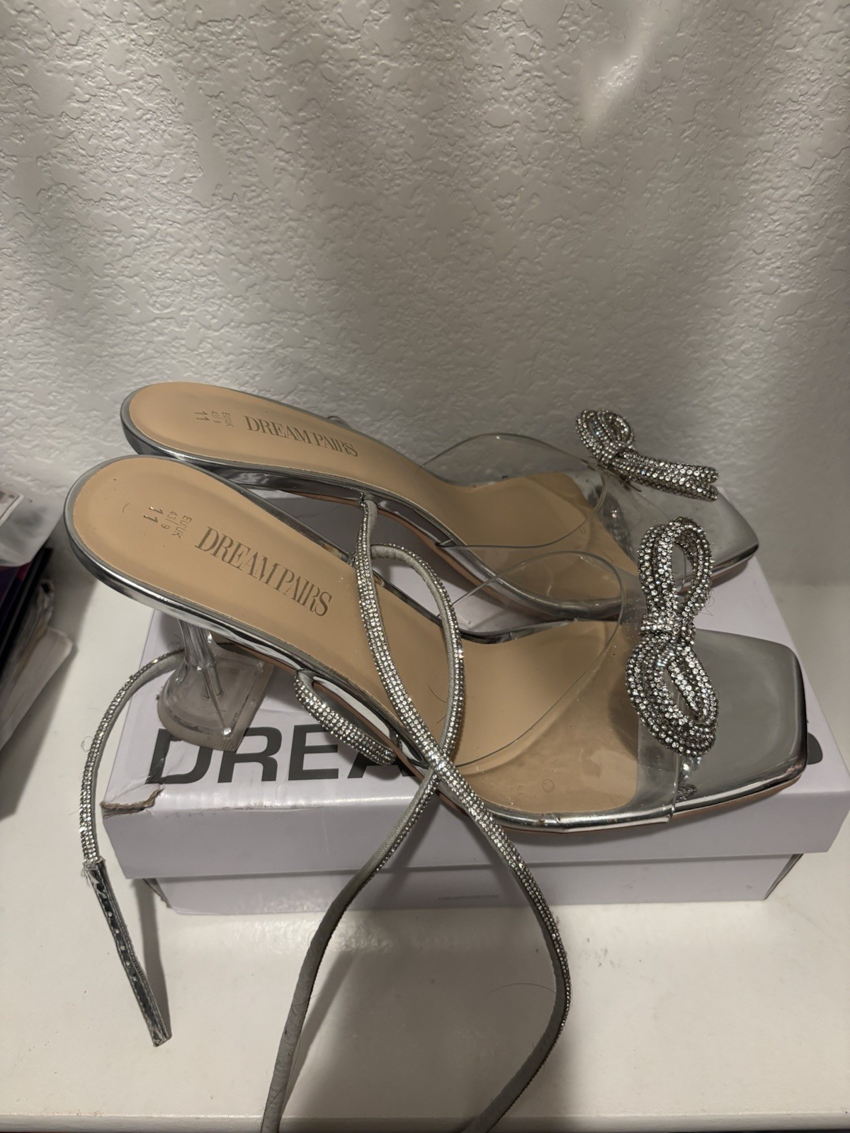 Dream Paris Women’s Size 11 Silver Heels with Bow and Rhinestones Pre-owned