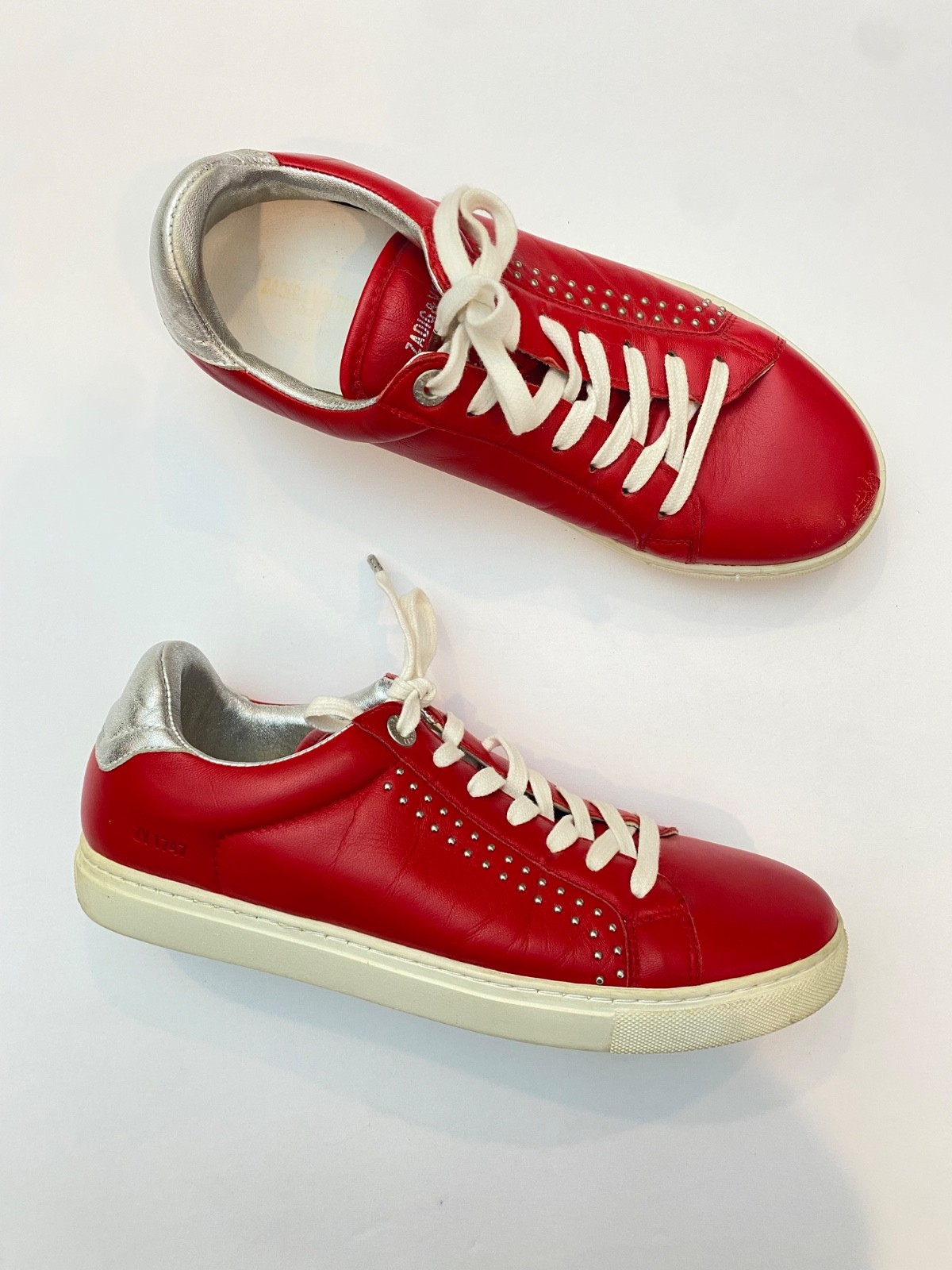 Zadig & Volatire Women’s Red Leather Lace Up Studded Trainers Sneakers 40 US 9
