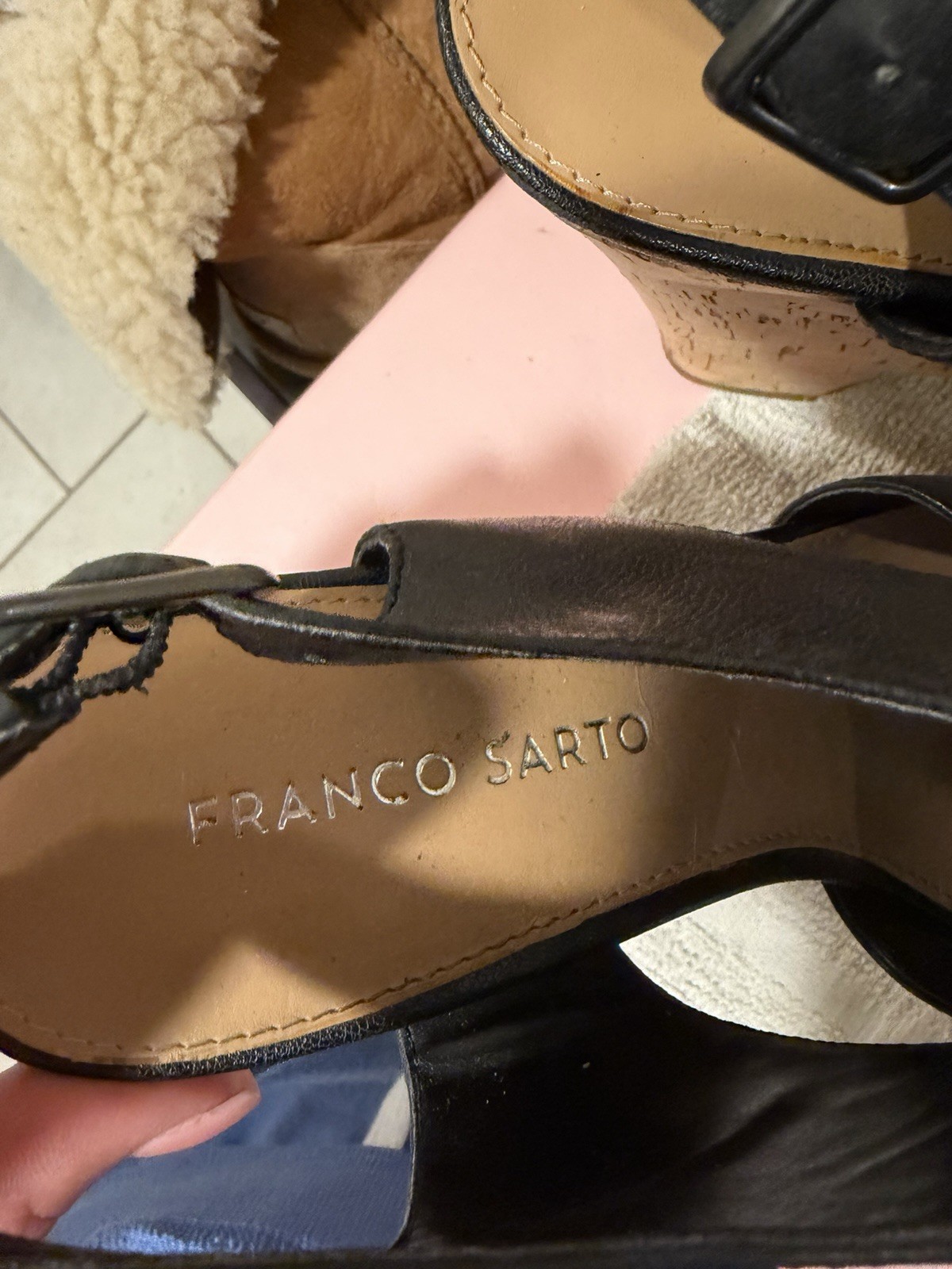 Franco Sarto Women’s Black Leather Open Toe Wedge Slingback Sandals Buckle 7