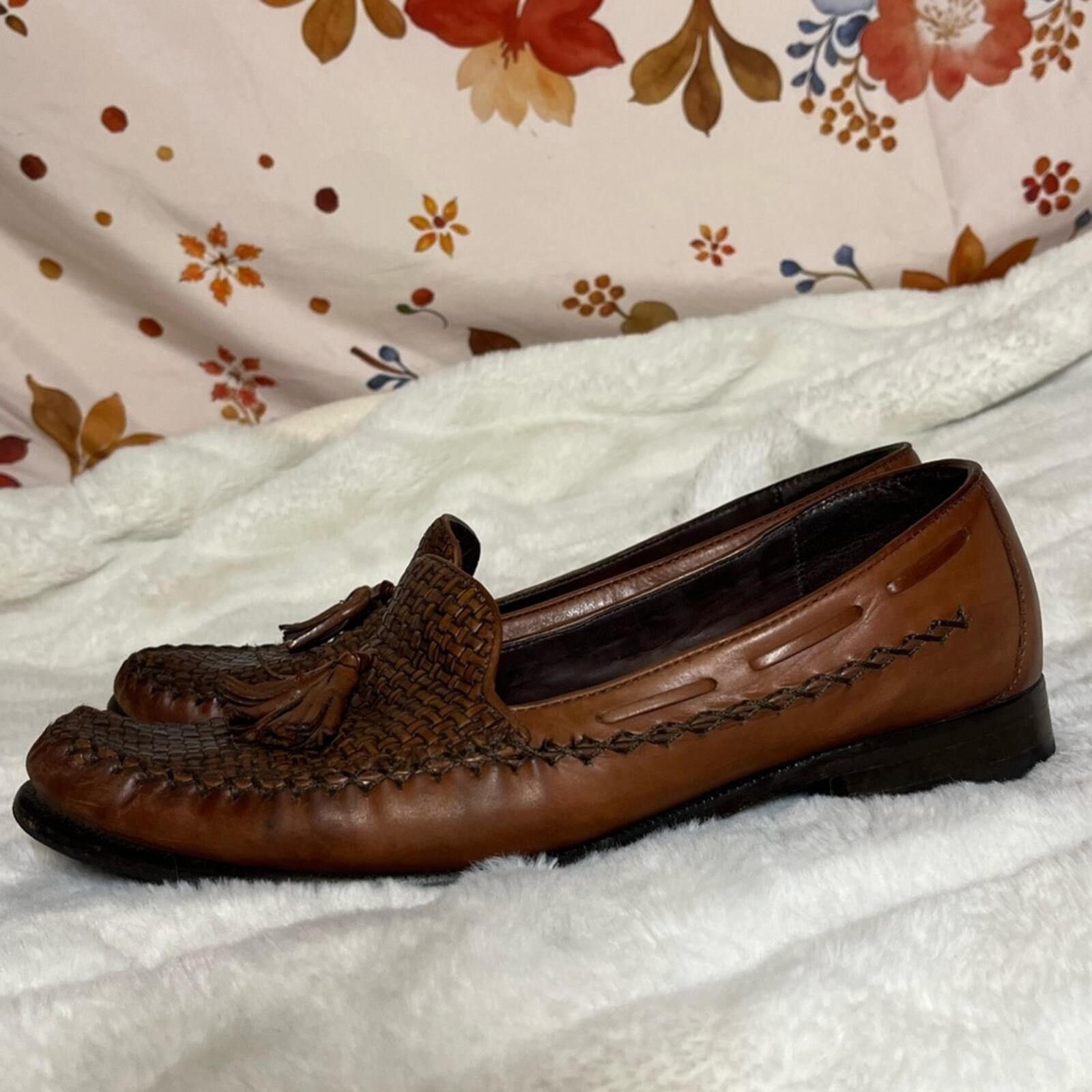 Cole Haan Womens 9.5B Vintage Brown Woven Leather Tassel Moccasin Workwear Shoes