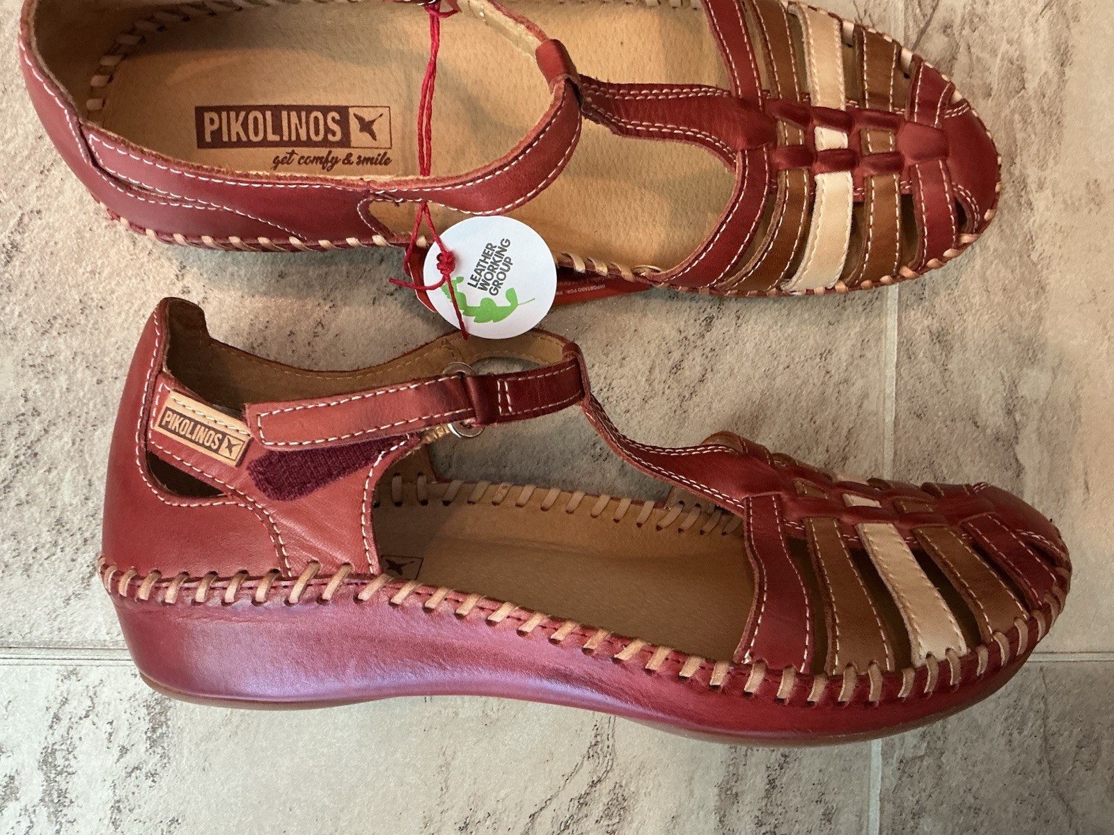 New $175 Pikolinos Puerto Vallarta Brandy Brown Red Leather Wedge Shoes 37 6.5 7
