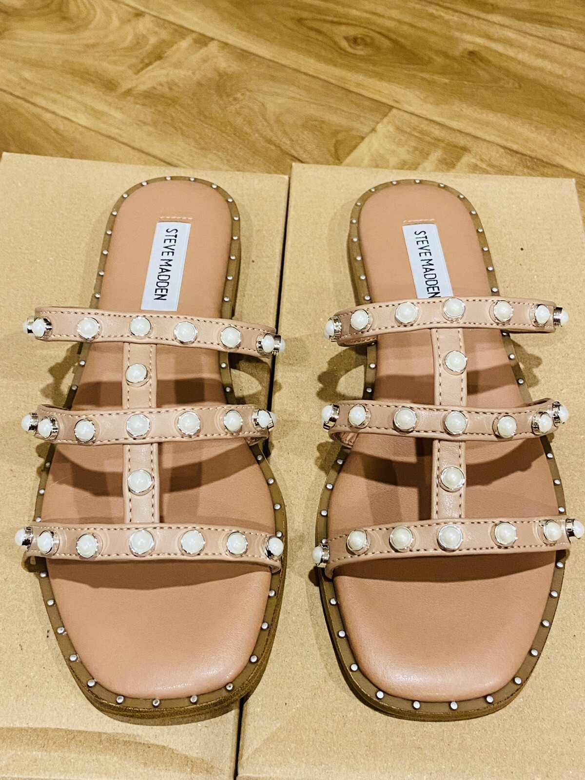STEVE MADDEN Lynky Tan Caged Pearl Studded Slides Size 7