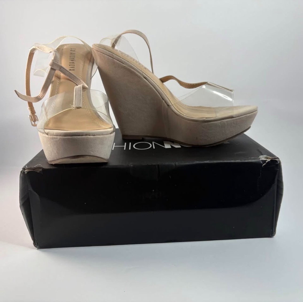 Fashion Nova Nude Clear Strap Wedge Women’s Size 10 Platform Heel NEW w/ box