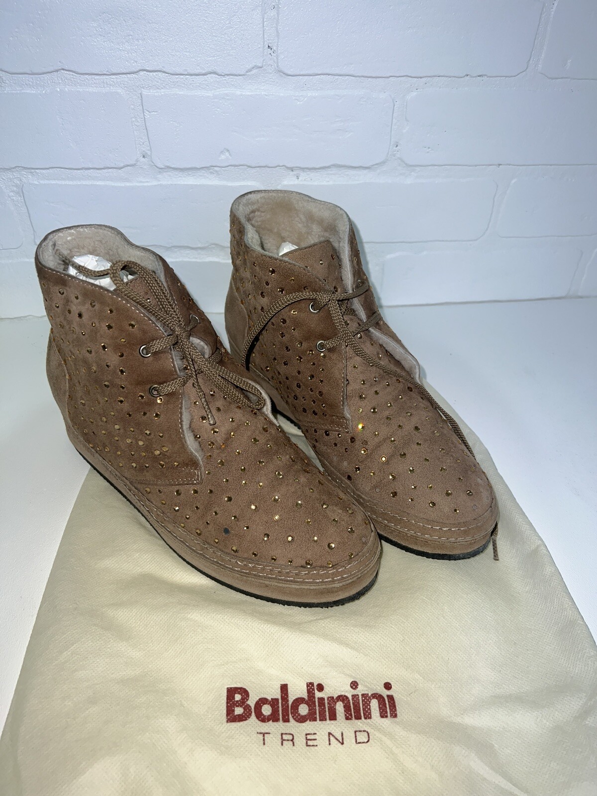 Baldinini Brown Furry Crystal Stone Ankle Shoe Boot Size 38 US 6.5 – SEE PHOTOS