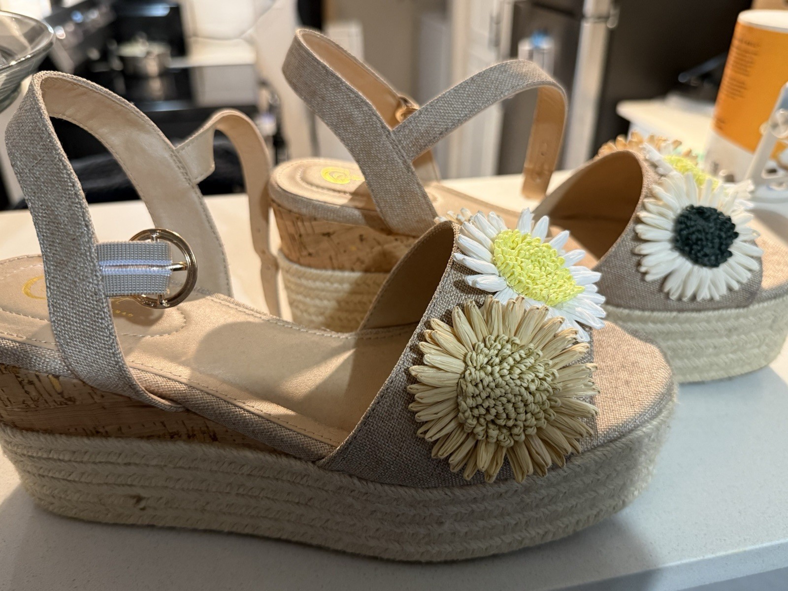 Nude Straw Flower Woven Platform Wedge Sandals with Ankle Strap