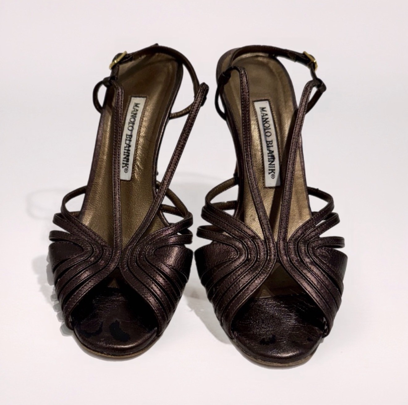 Manolo Blahnik Vintage Metallic Gunmetal Leather Strappy Slingback Heels 37.5