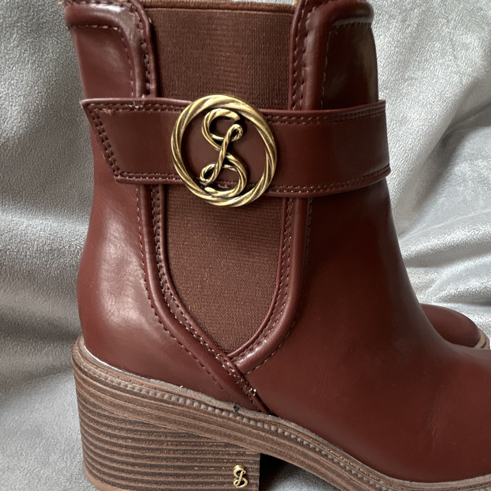 Sam Libby Natalja Women’s Brown Leather Ankle Bootie Round Toe Zip Buckle 8