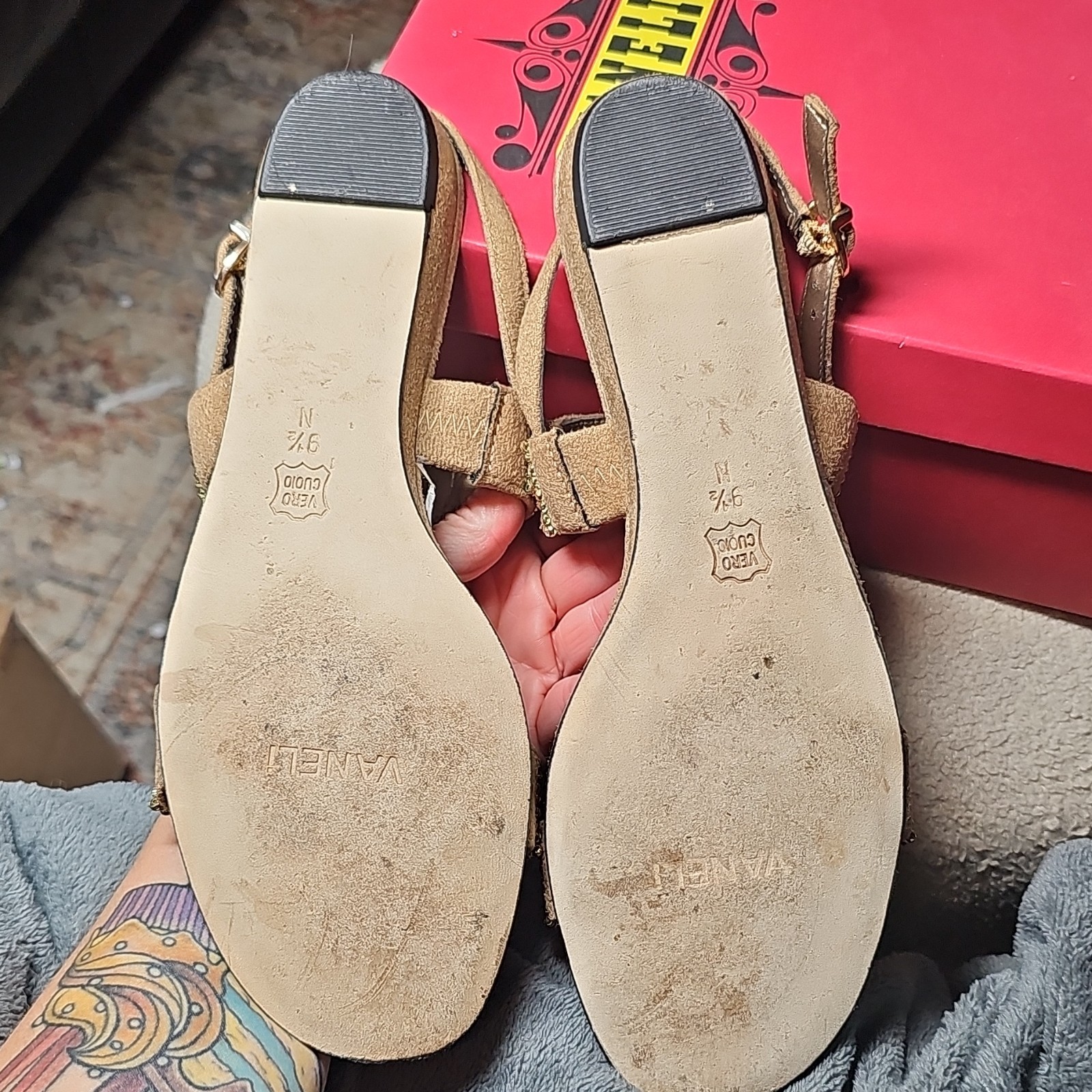 Vaneli Women’s Strappy Ankle Strap Buckle Suede Rhinestone Sandals Beige 9.5 N