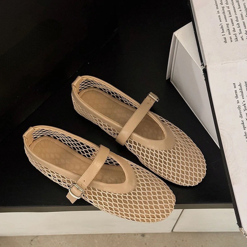 Womens Mary Jane Flats Round Toe Buckle Cut Out Mesh Casual Shoes