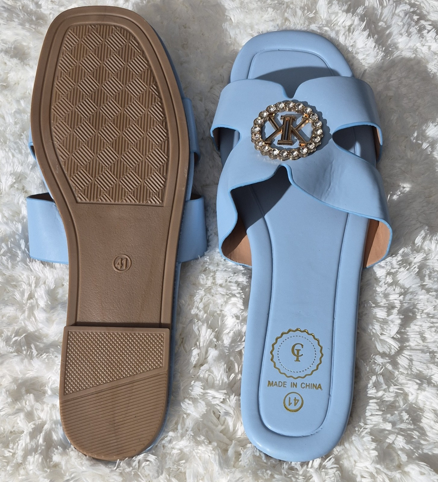 GF Blue Women’s Slide Sandals Slip-On Logo Beaded Accent Straps EU 40 US 9