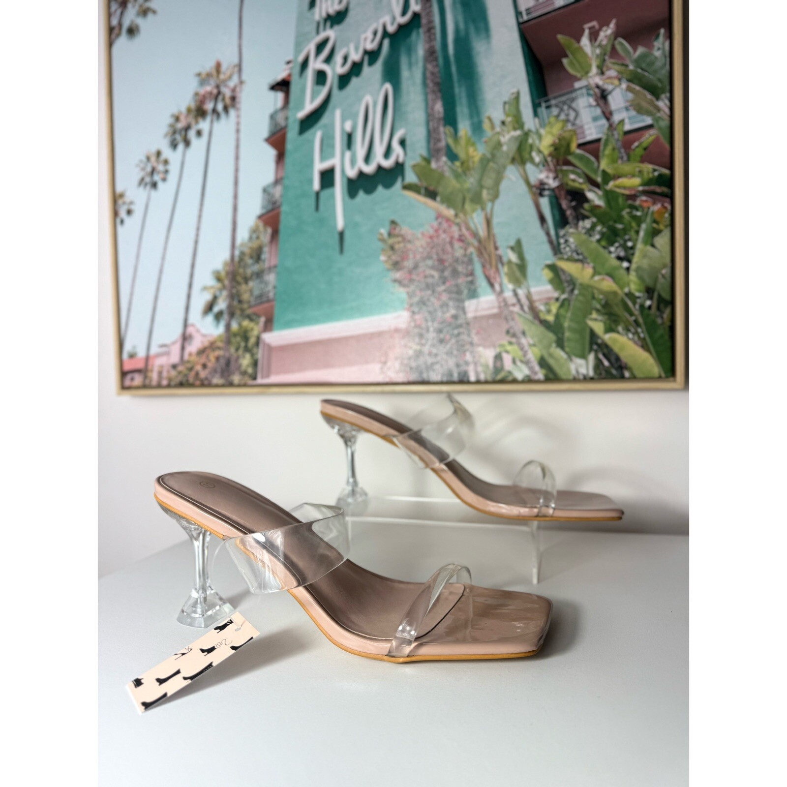 MySoft Nude Clear Square Open Toe Strappy Stiletto Mules Heels Sandals Size 11
