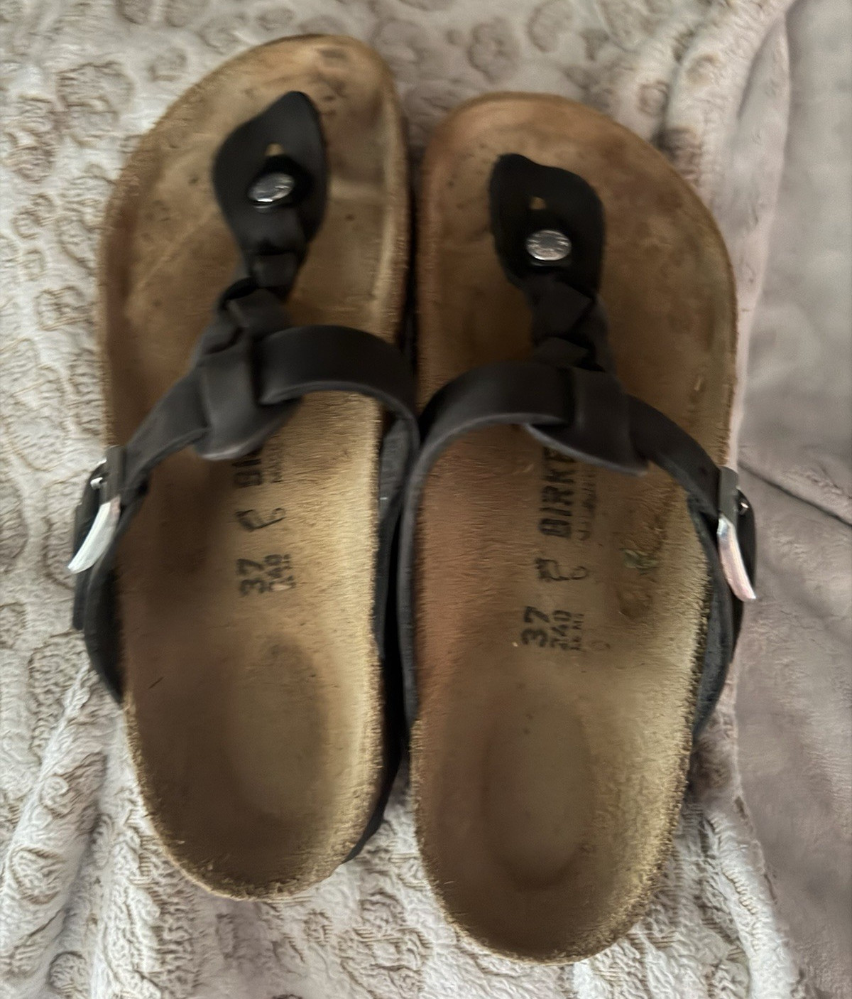 Birkenstock Women’s Black Leather Thong Sandals Adjustable Buckle EU 37