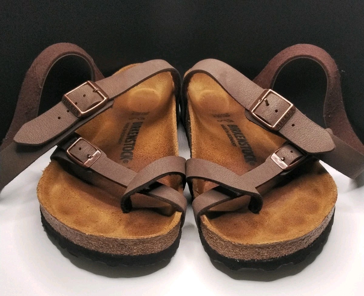 Birkenstock Womens Yara Sandal Size 39 8 Brown Leather Ankle Strap Toe Loop Shoe