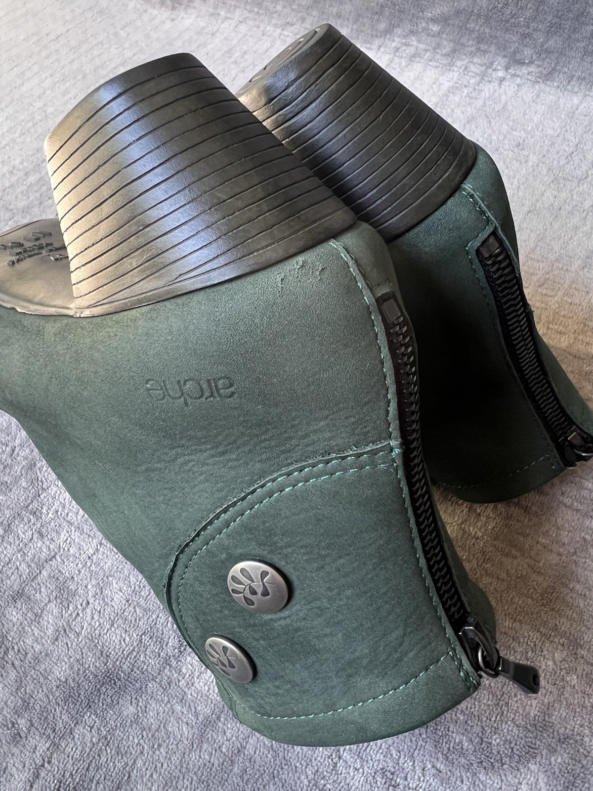 Arche Leather Ankle Boots Sz 40 , 9 Green Nubuck Stacked Heel Back Zipper France